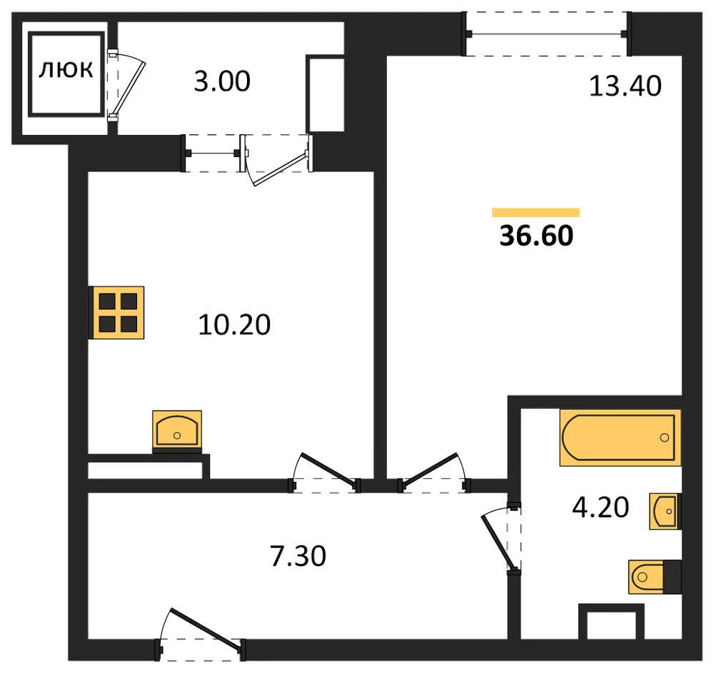 Планировка: 1-комн., 36,6 м²