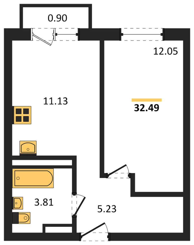 Планировка: 1-комн., 32,5 м²