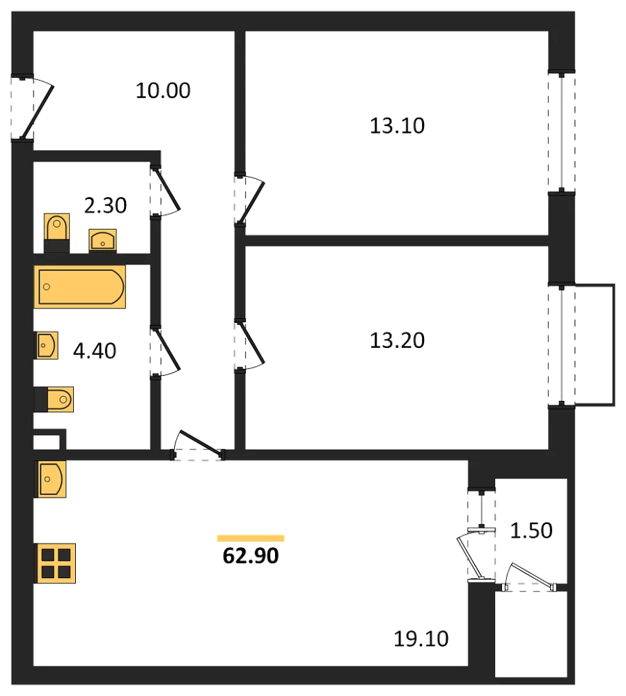 Планировка: 2-комн., 62,9 м²
