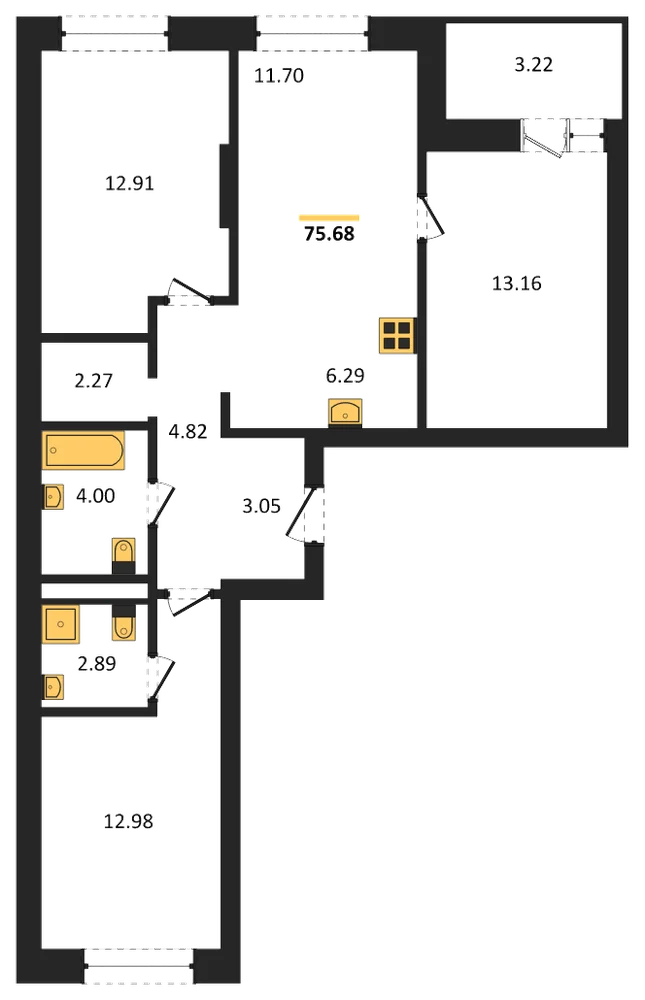 Планировка: 3-комн., 75,7 м²