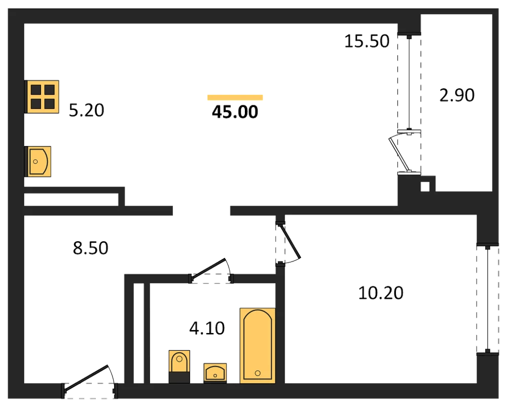 Планировка: 1-комн., 45 м²