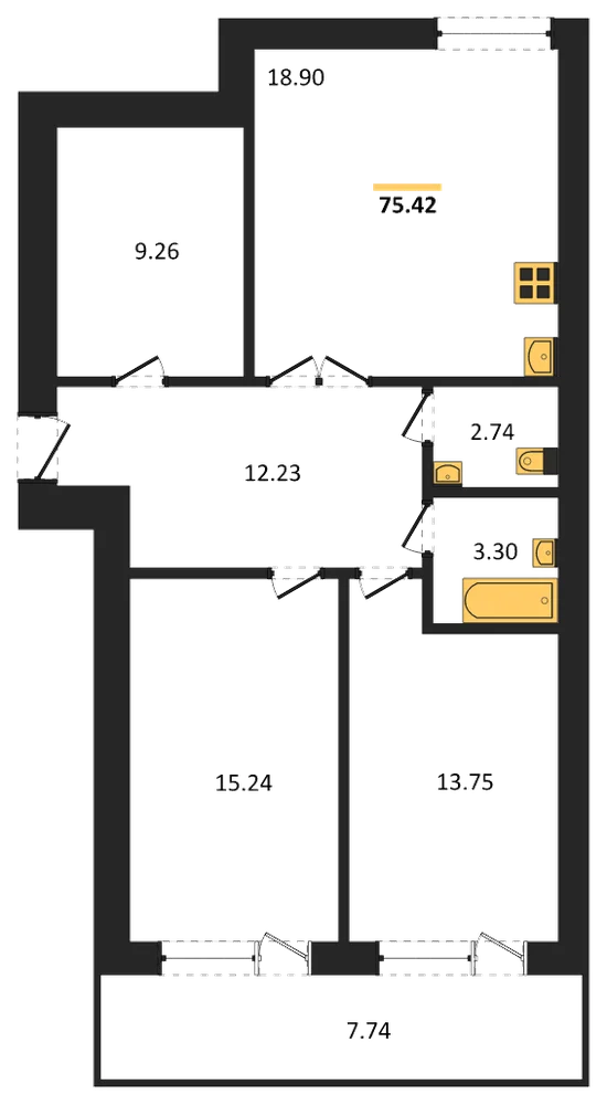 Планировка: 2-комн., 75,5 м²