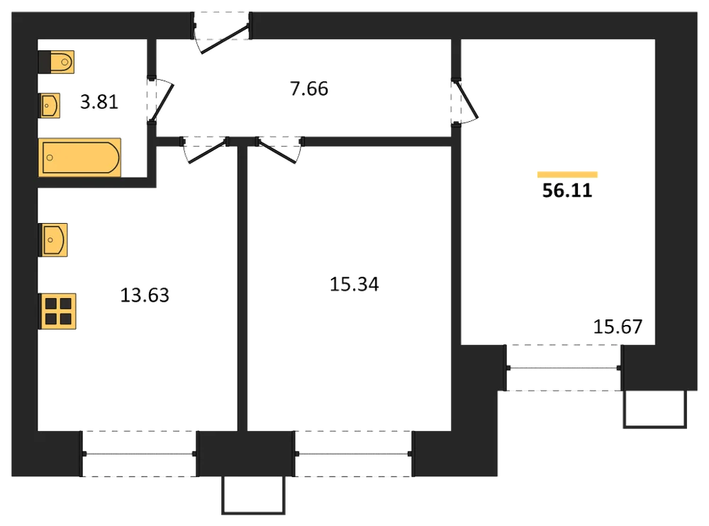 Планировка: 2-комн., 56,1 м²