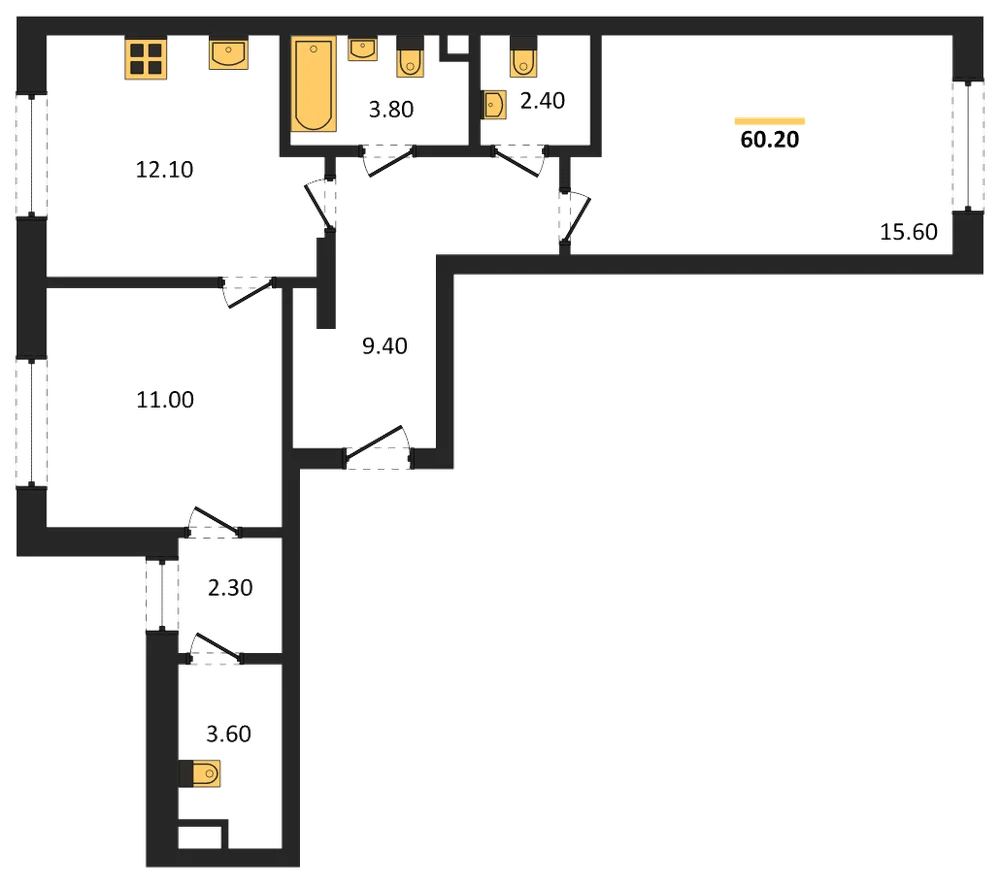 Планировка: 2-комн., 60,2 м²