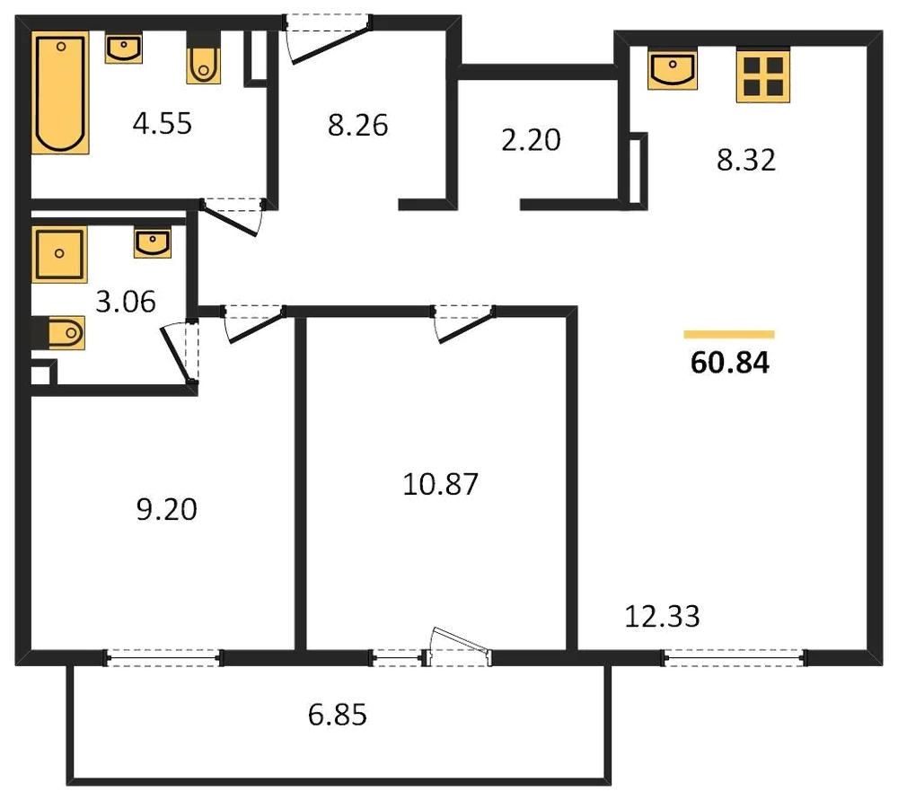Планировка: 2-комн., 60,8 м²