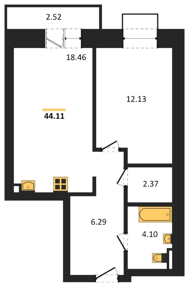 Планировка: 1-комн., 44,1 м²