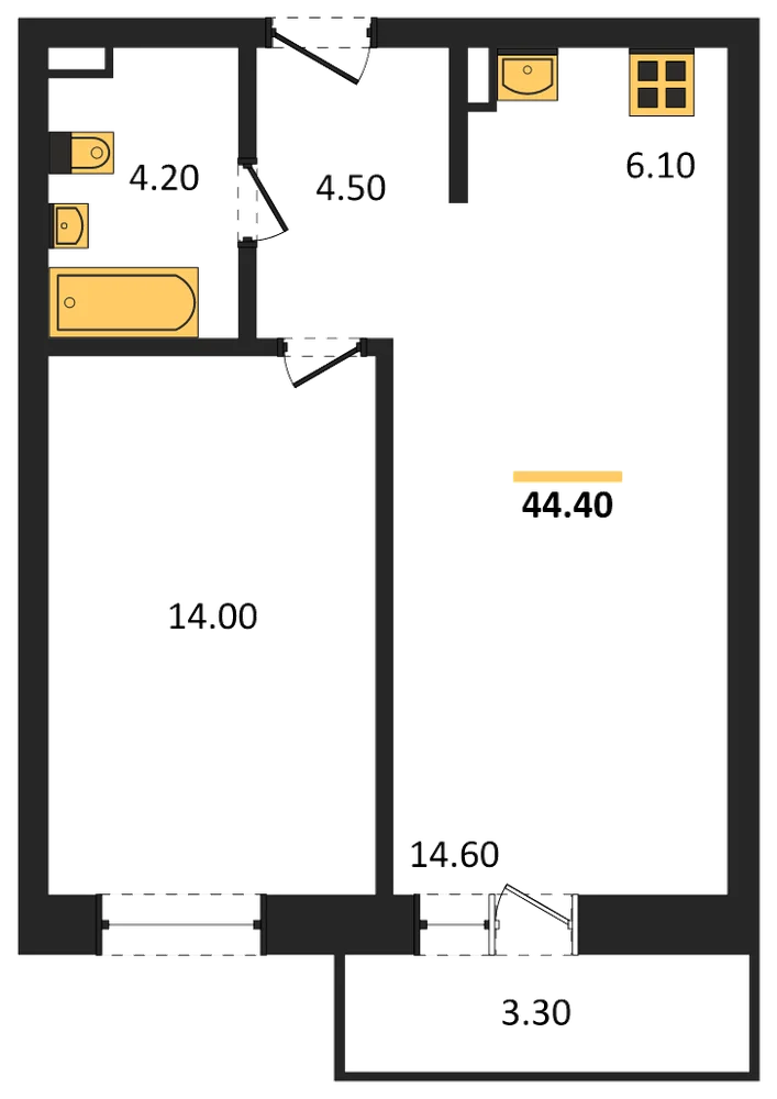 Планировка: 1-комн., 44,4 м²