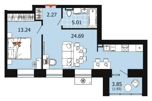 Планировка: 1-комн., 47,1 м²