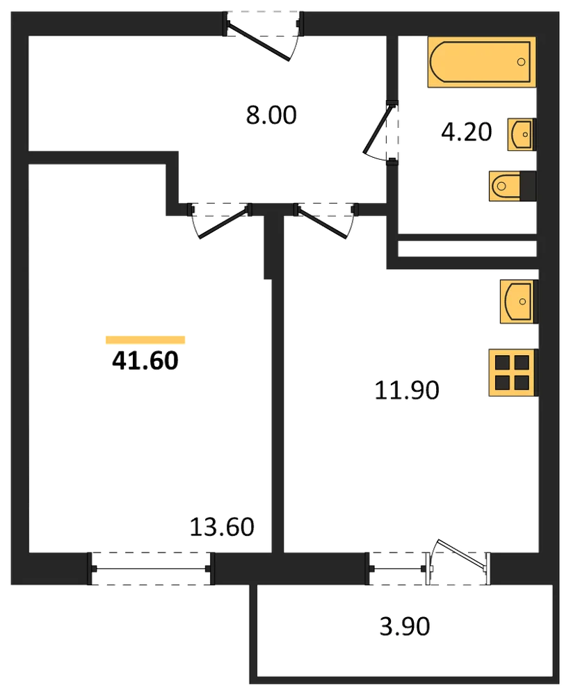 Планировка: 1-комн., 41,6 м²