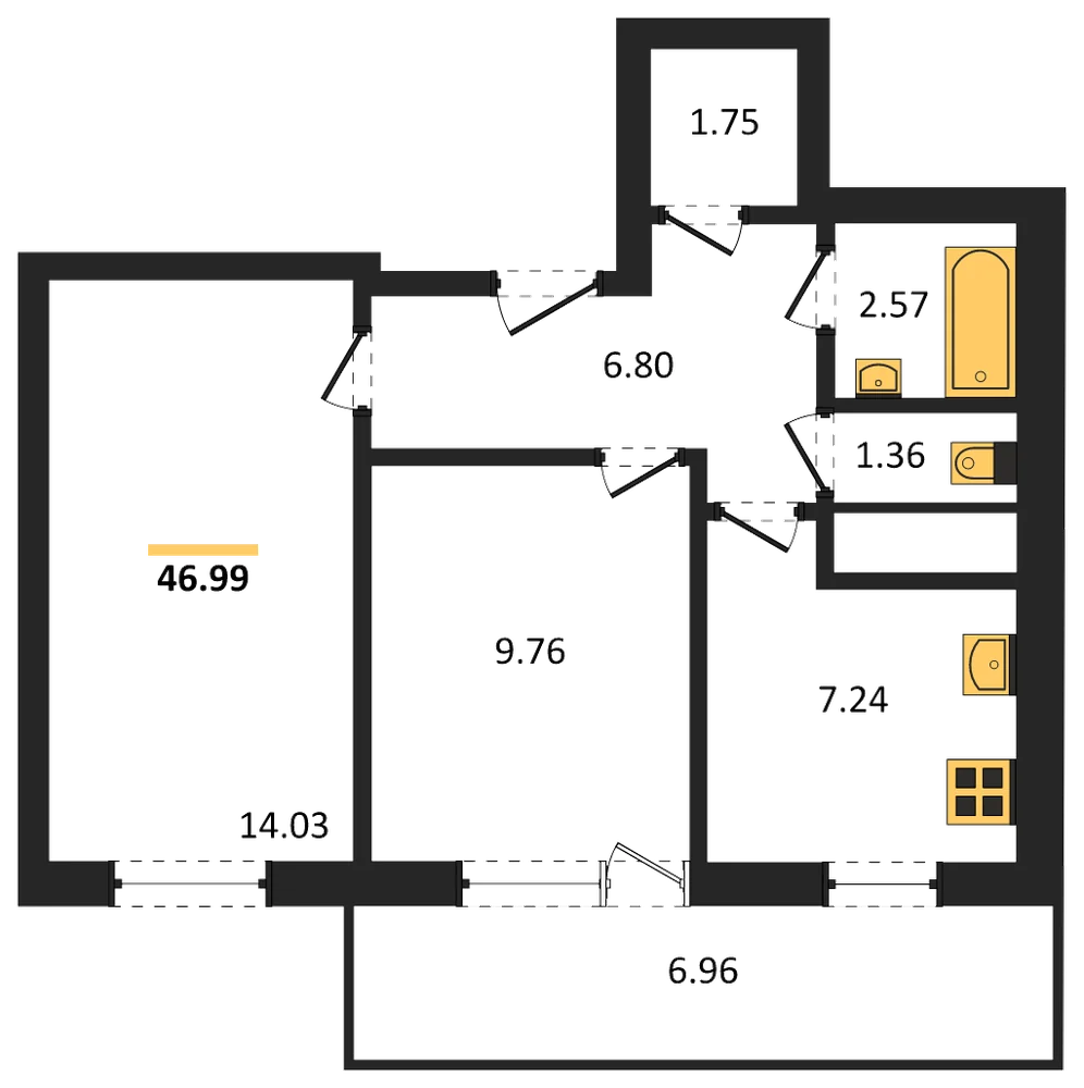 Планировка: 2-комн., 47 м²