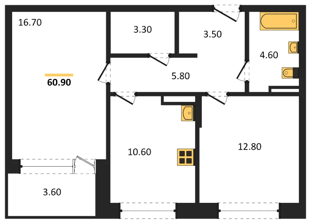 Планировка: 2-комн., 60,9 м²