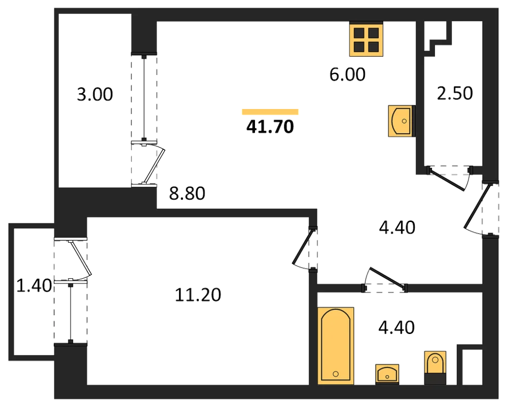 Планировка: 1-комн., 41,7 м²
