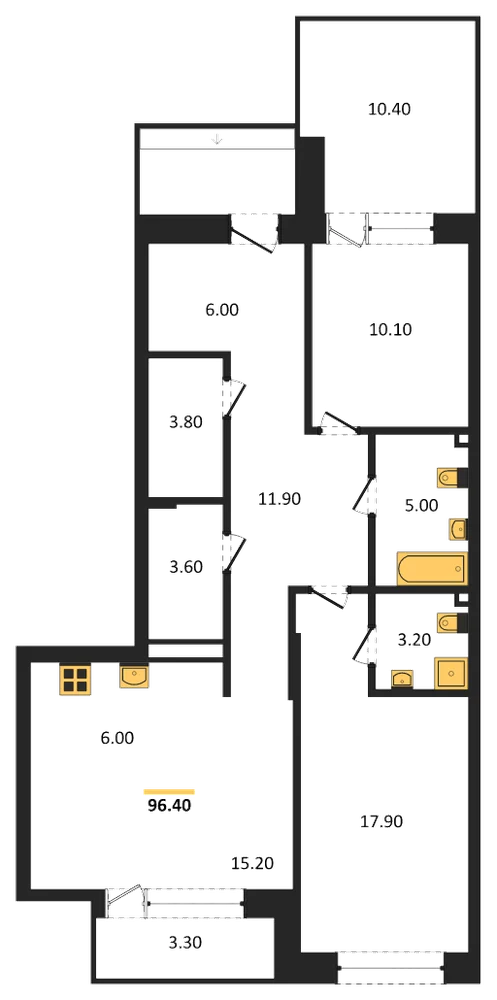 Планировка: 2-комн., 96,4 м²
