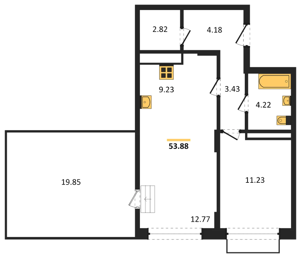 Планировка: 1-комн., 53,9 м²