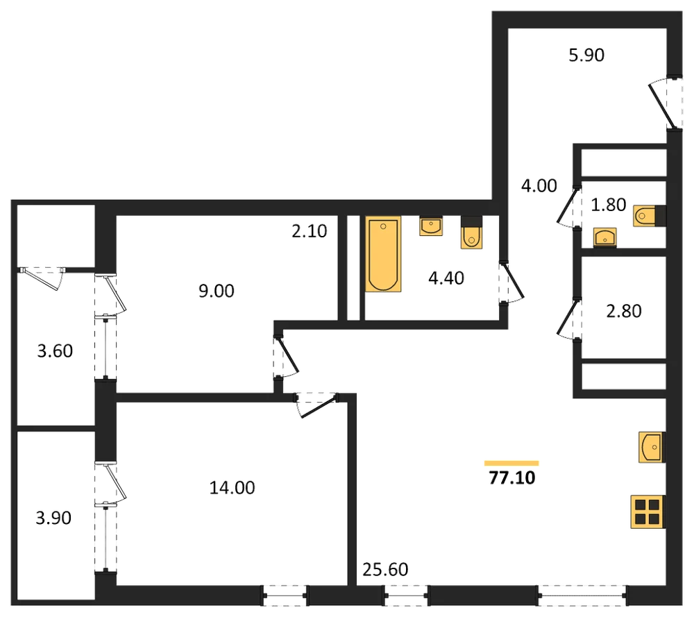 Планировка: 2-комн., 77,1 м²