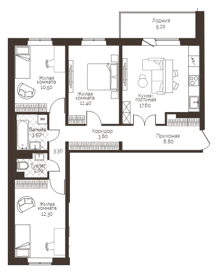 Планировка: 3-комн., 74,8 м²