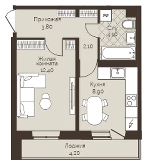 Планировка: 1-комн., 33,4 м²