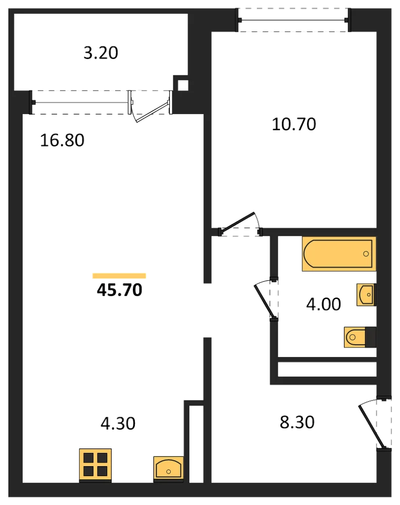Планировка: 1-комн., 45,7 м²