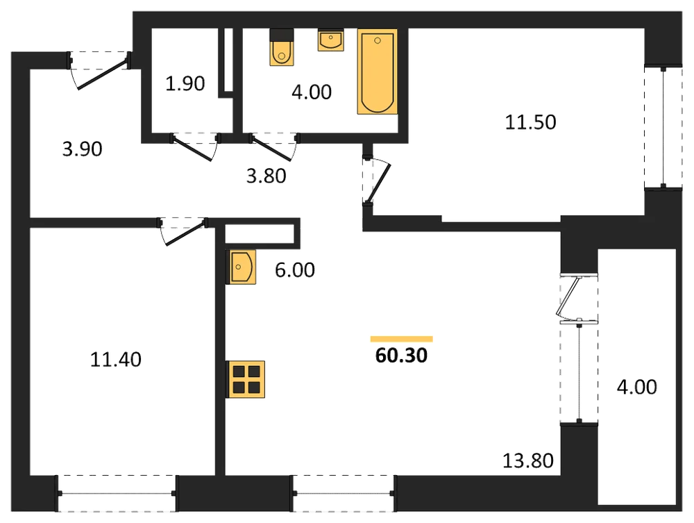 Планировка: 2-комн., 60,3 м²