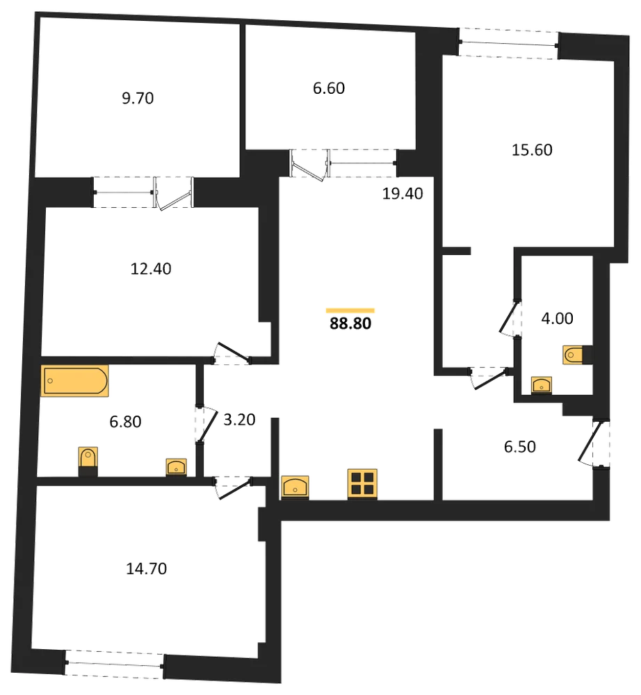 Планировка: 3-комн., 88,8 м²