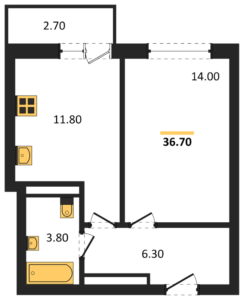 Планировка: 1-комн., 36,7 м²