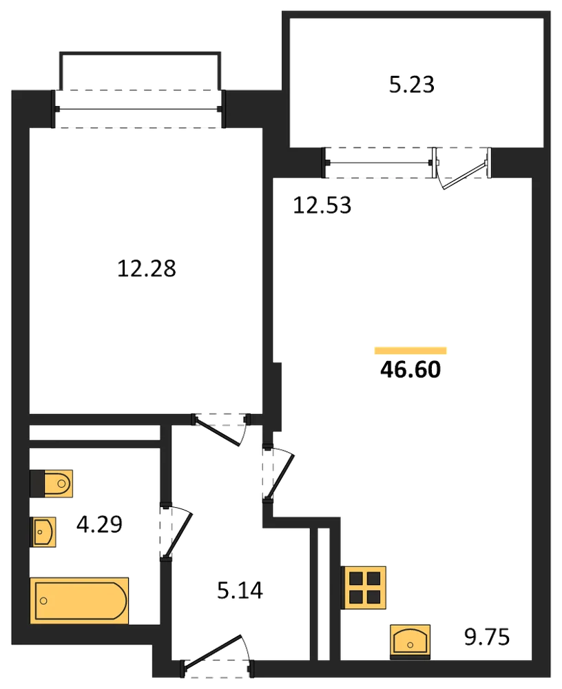 Планировка: 1-комн., 46,6 м²