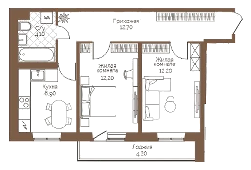 Планировка: 2-комн., 52,2 м²