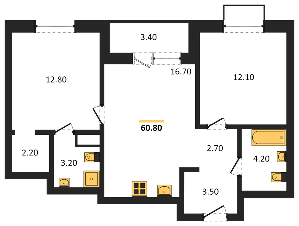 Планировка: 2-комн., 60,8 м²