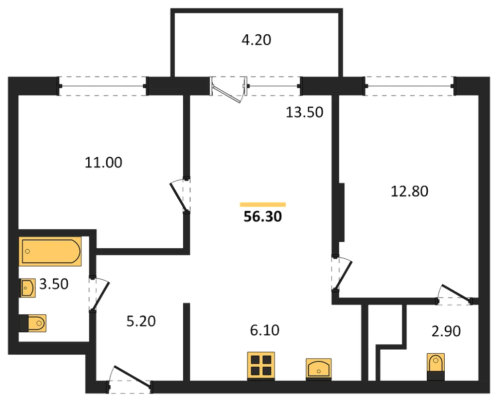 Планировка: 2-комн., 56,3 м²