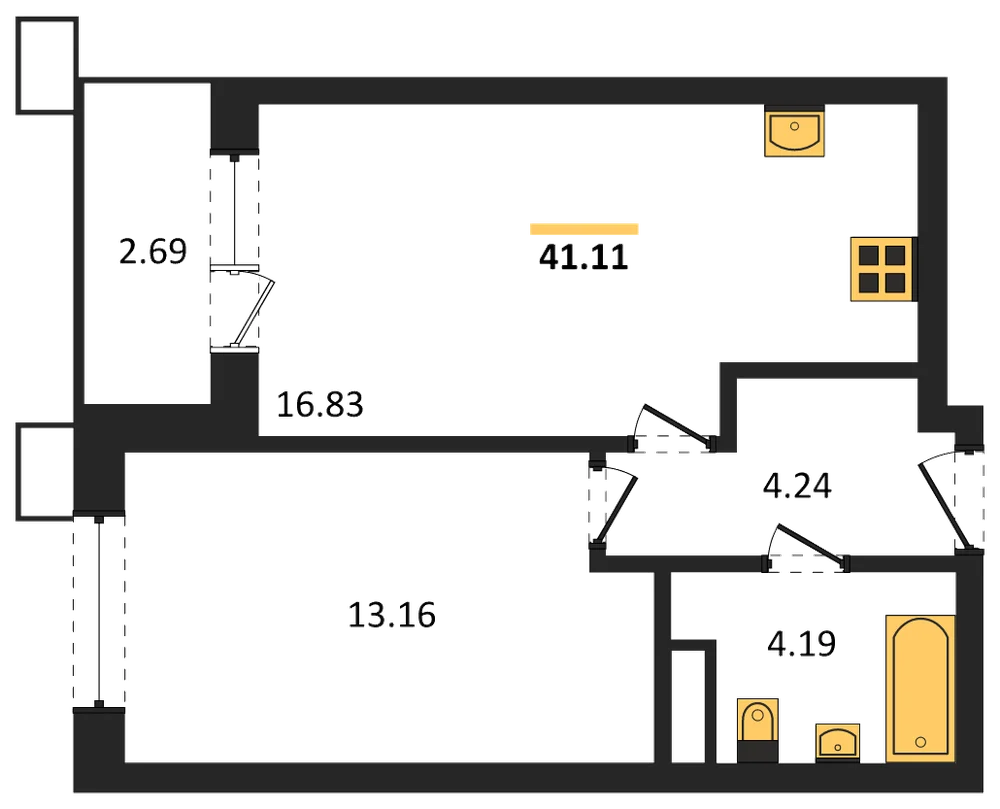 Планировка: 1-комн., 41,1 м²