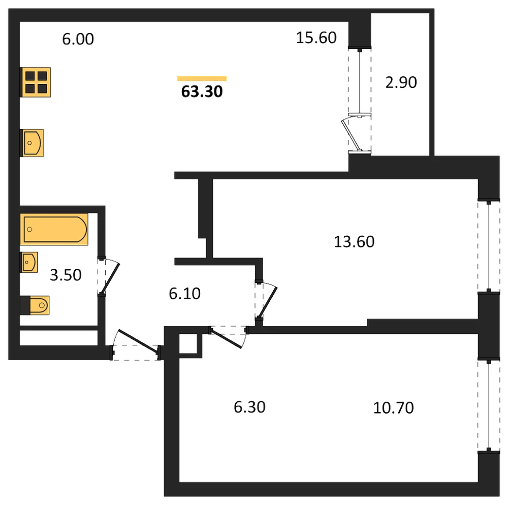 Планировка: 2-комн., 63,4 м²