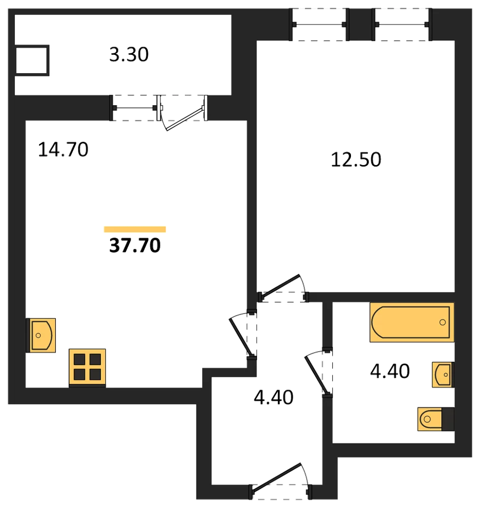 Планировка: 1-комн., 37,7 м²