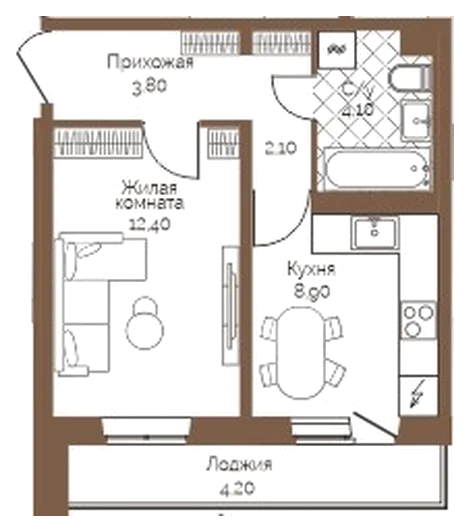 Планировка: 1-комн., 33,4 м²