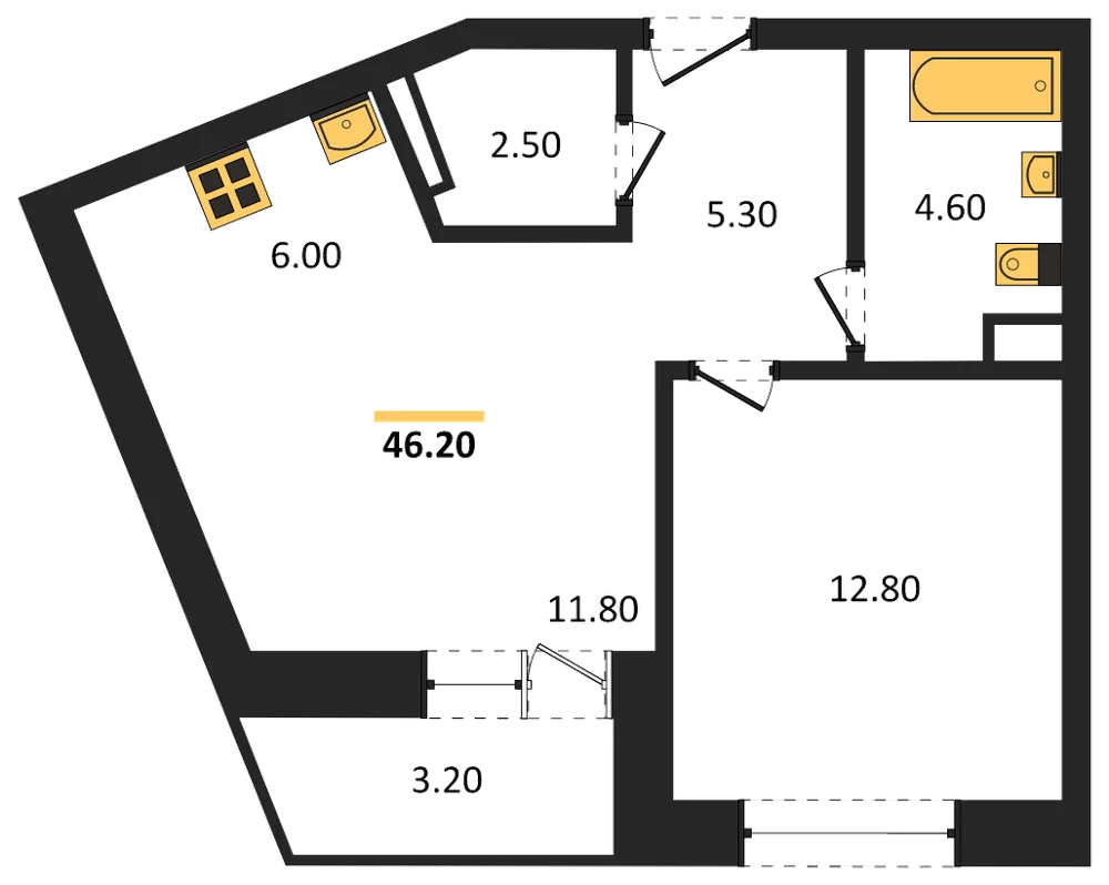 Планировка: 1-комн., 46,2 м²