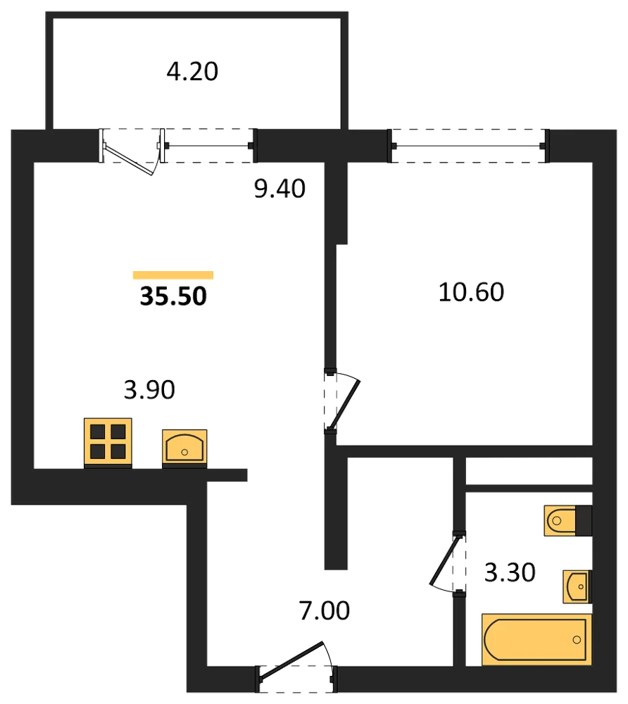 Планировка: 1-комн., 35,5 м²