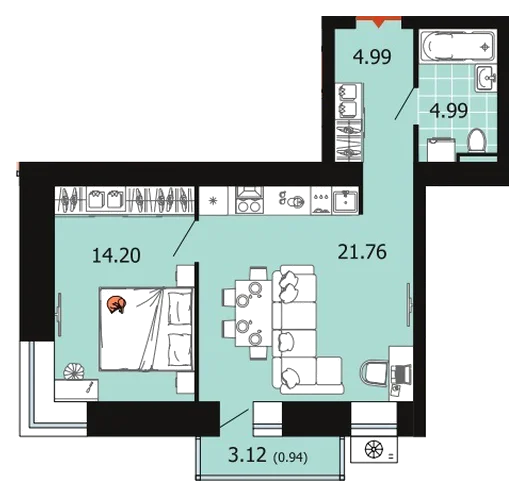 Планировка: 1-комн., 46,9 м²