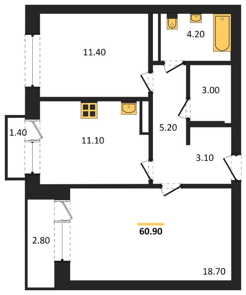 Планировка: 2-комн., 60,9 м²
