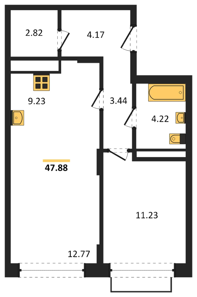 Планировка: 1-комн., 47,9 м²