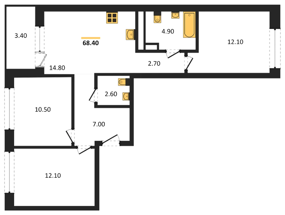 Планировка: 3-комн., 68,4 м²