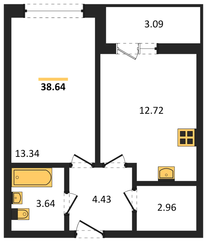 Планировка: 1-комн., 38,6 м²