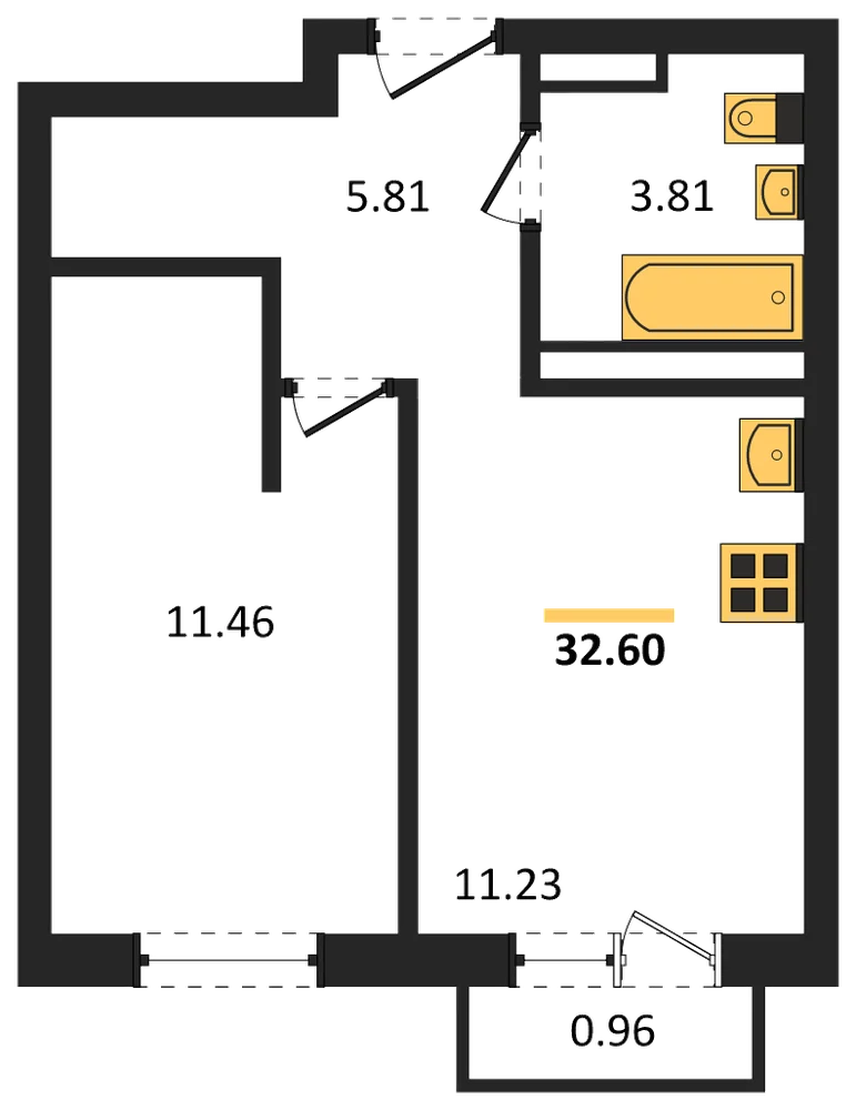 Планировка: 1-комн., 32,6 м²