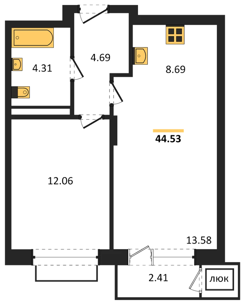Планировка: 1-комн., 44,5 м²