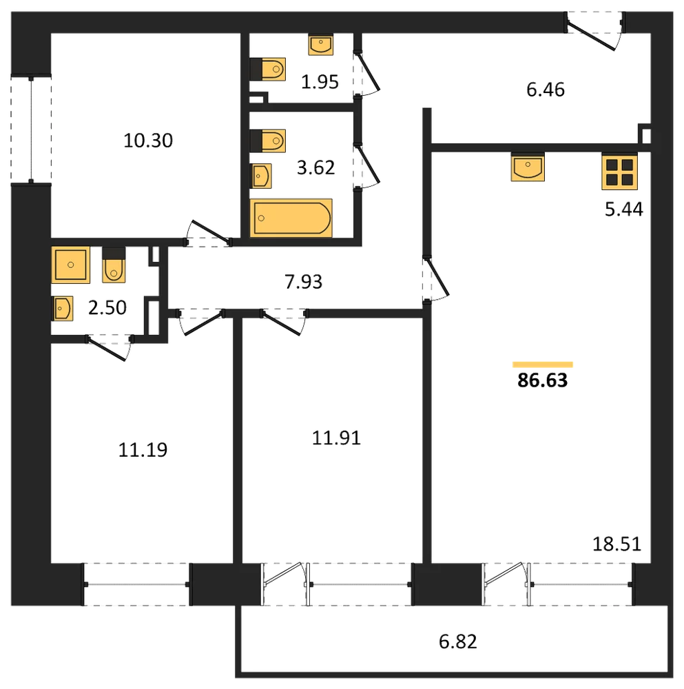 Планировка: 3-комн., 86,6 м²