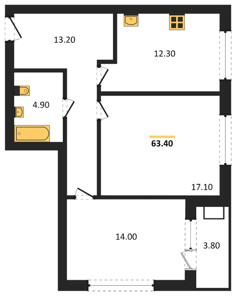 Планировка: 2-комн., 63,4 м²