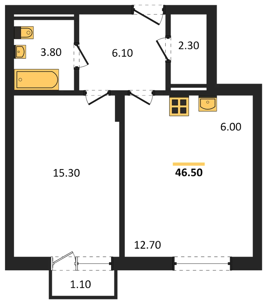 Планировка: 1-комн., 46,5 м²