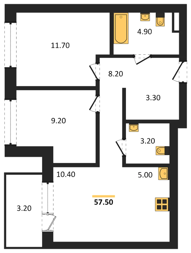 Планировка: 2-комн., 57,5 м²