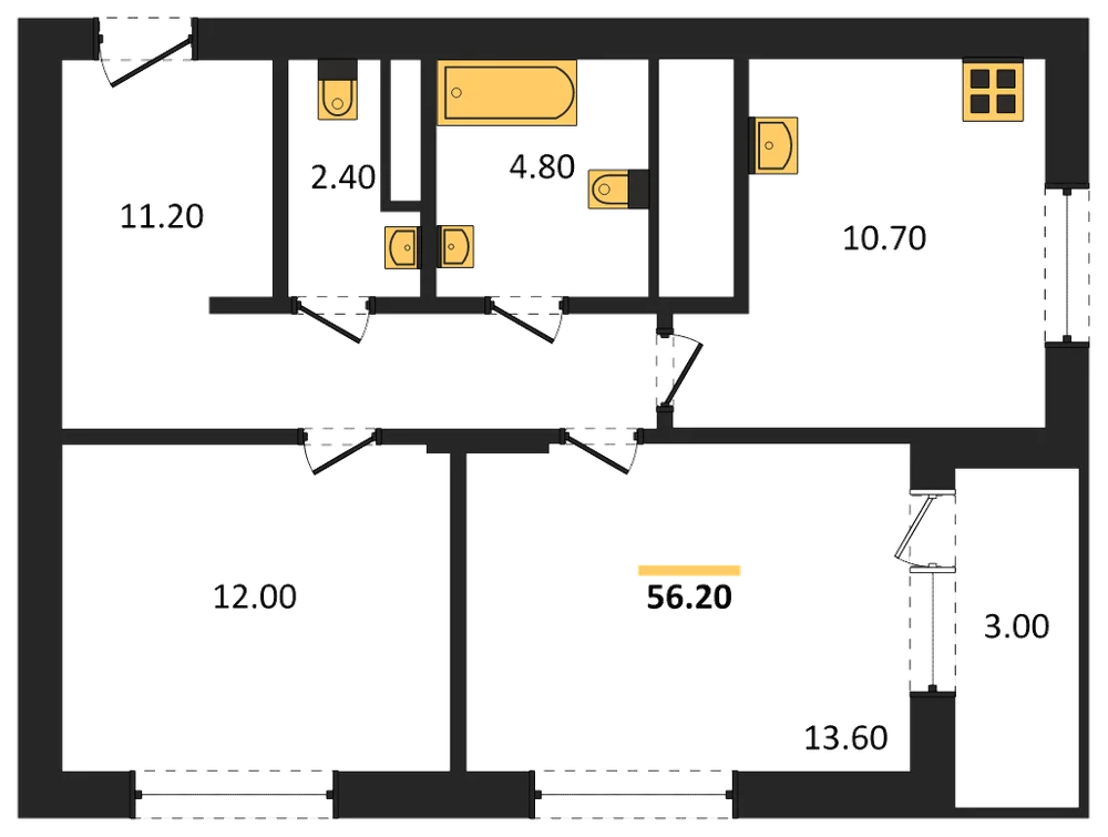 Планировка: 2-комн., 56,2 м²
