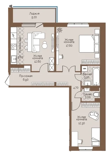 Планировка: 2-комн., 67,2 м²