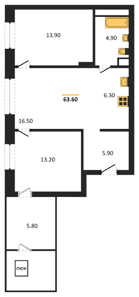 Планировка: 3-комн., 63,6 м²