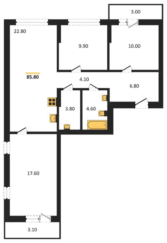 Планировка: 3-комн., 85,8 м²